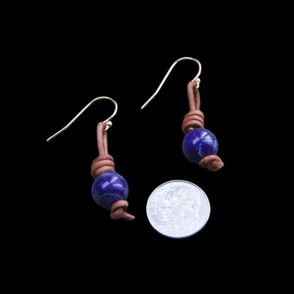 Lapis Lazuli Gemstones on Hand Knotted Soft Brown Leather Cord Earrings - Picture 4 of 7